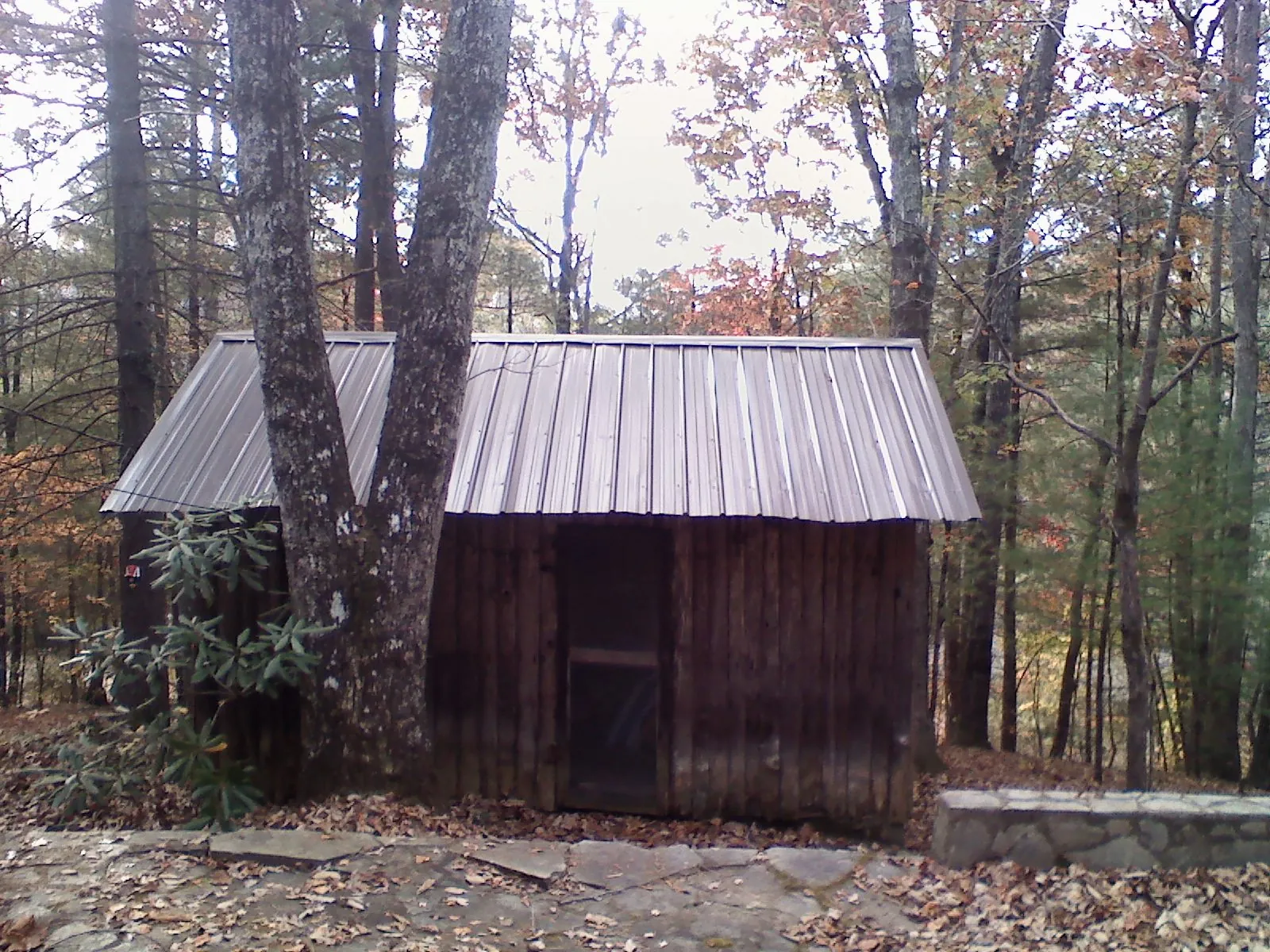 New metal gable roof on a small log shed among the trees in Jaffrey